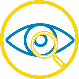 Diagnostic eye icon. Yellow magnifying glass over a blue eye outline